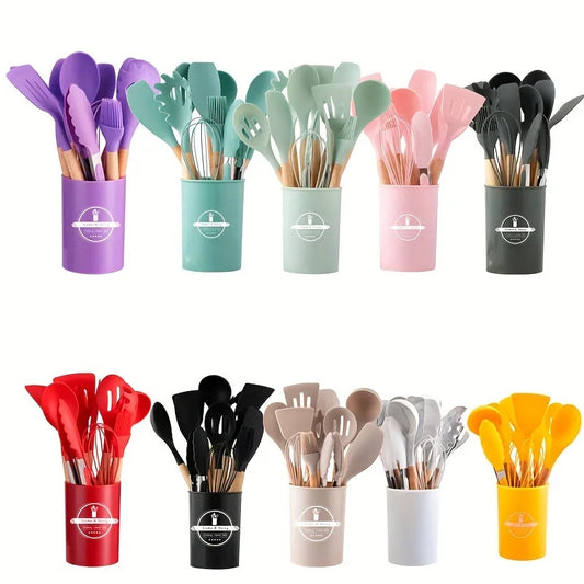 12-Piece wooden handle kitchen utensil set