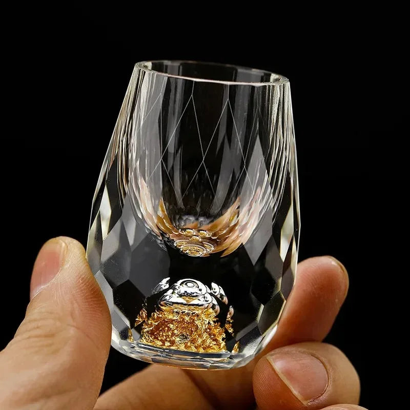 Premium Luxury Crystal Shot Glass with Double Base and Gold Flakes – Perfect for Baijiu, Liqueur, Cachaça & Tequila