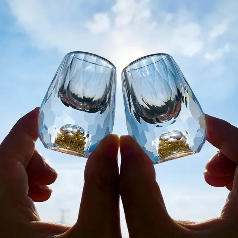 Premium Luxury Crystal Shot Glass with Double Base and Gold Flakes – Perfect for Baijiu, Liqueur, Cachaça & Tequila