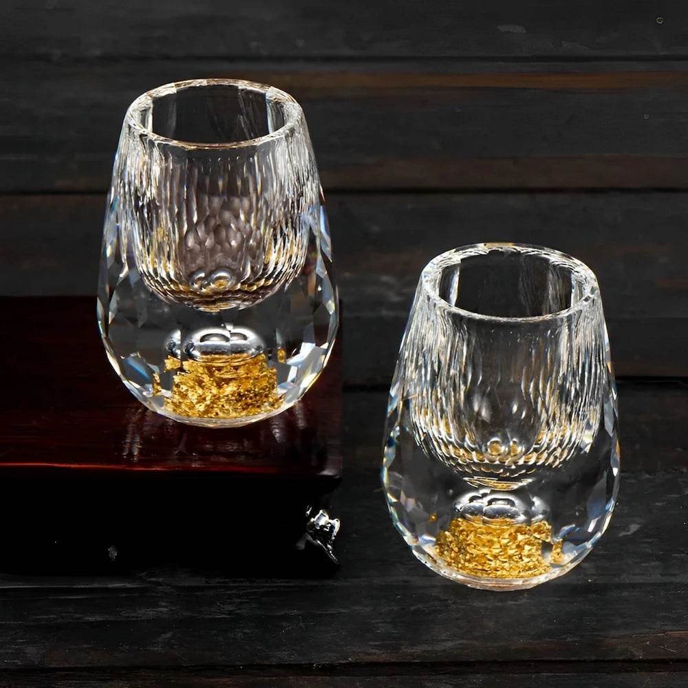 Premium Luxury Crystal Shot Glass with Double Base and Gold Flakes – Perfect for Baijiu, Liqueur, Cachaça & Tequila